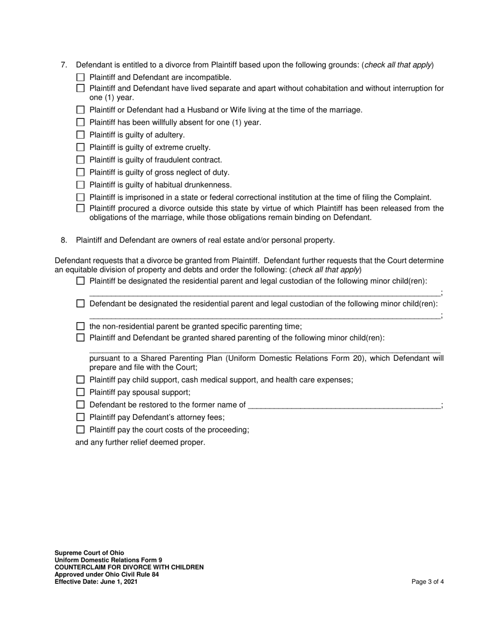 Uniform Domestic Relations Form 9 Counterclaim for Divorce With Children - Ohio, Page 3
