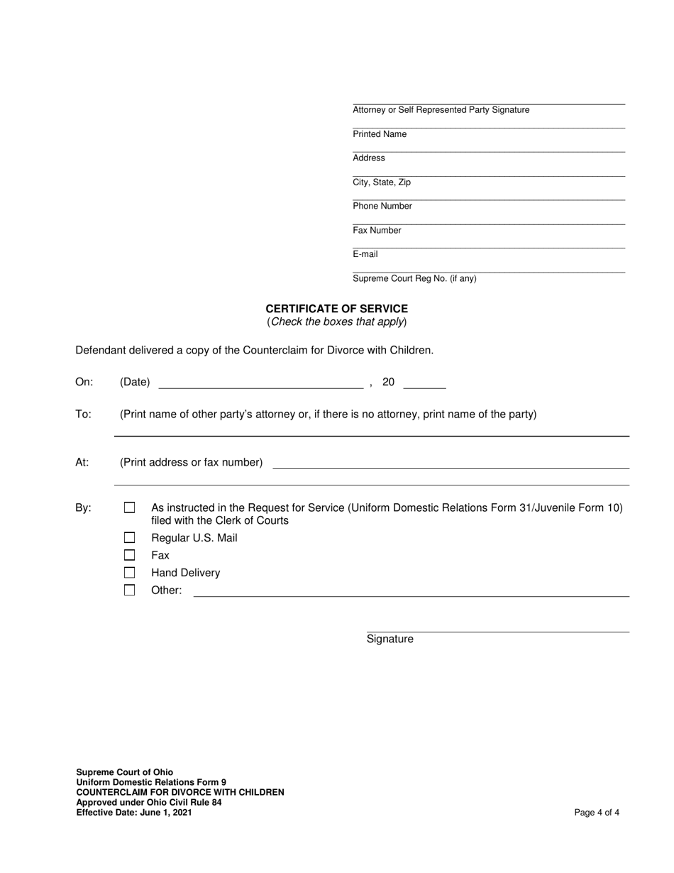 Uniform Domestic Relations Form 9 Counterclaim for Divorce With Children - Ohio, Page 4