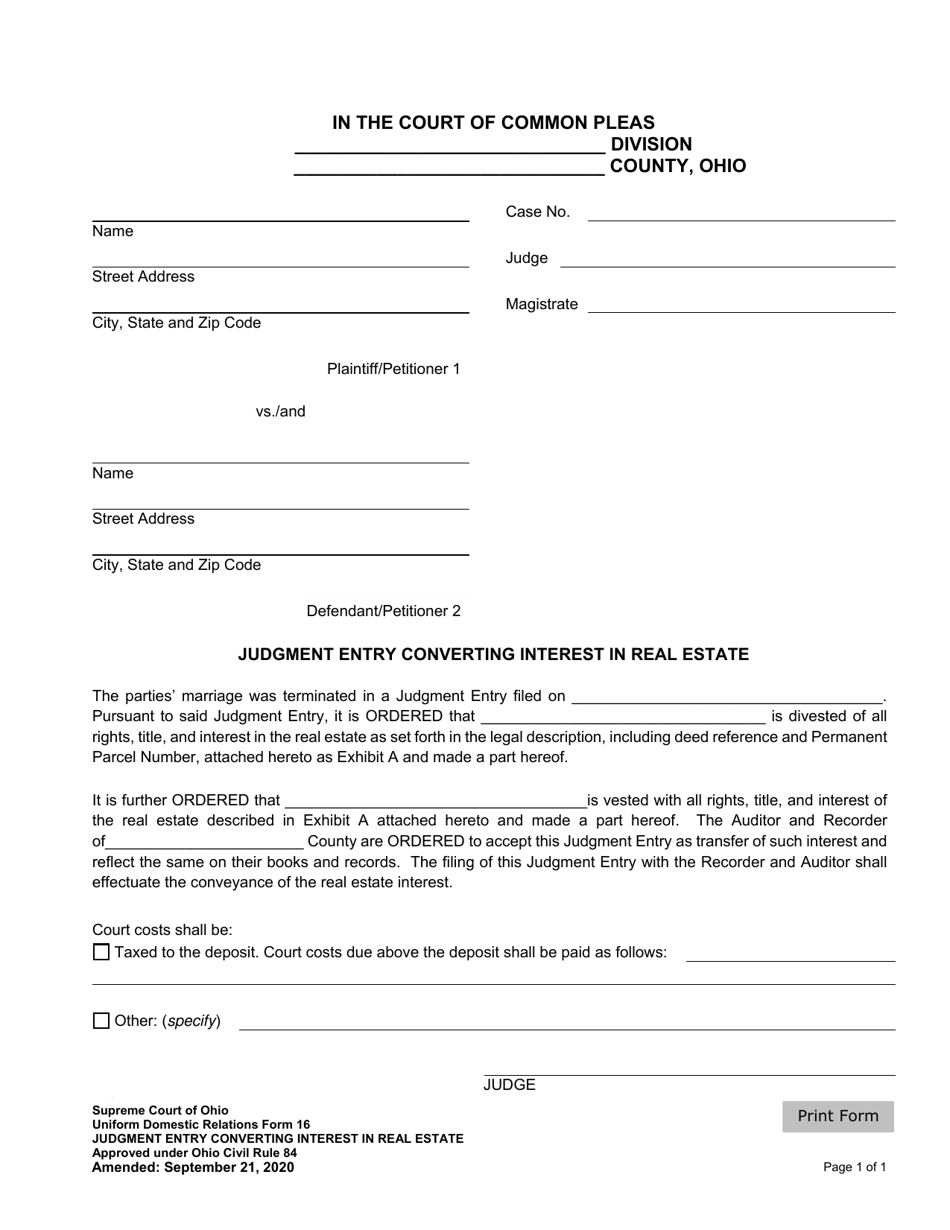 Uniform Domestic Relations Form 16 Judgment Entry Converting Interest in Real Estate - Ohio, Page 1