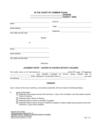 Uniform Domestic Relations Form 14 Judgment Entry - Decree of Divorce Without Children - Ohio