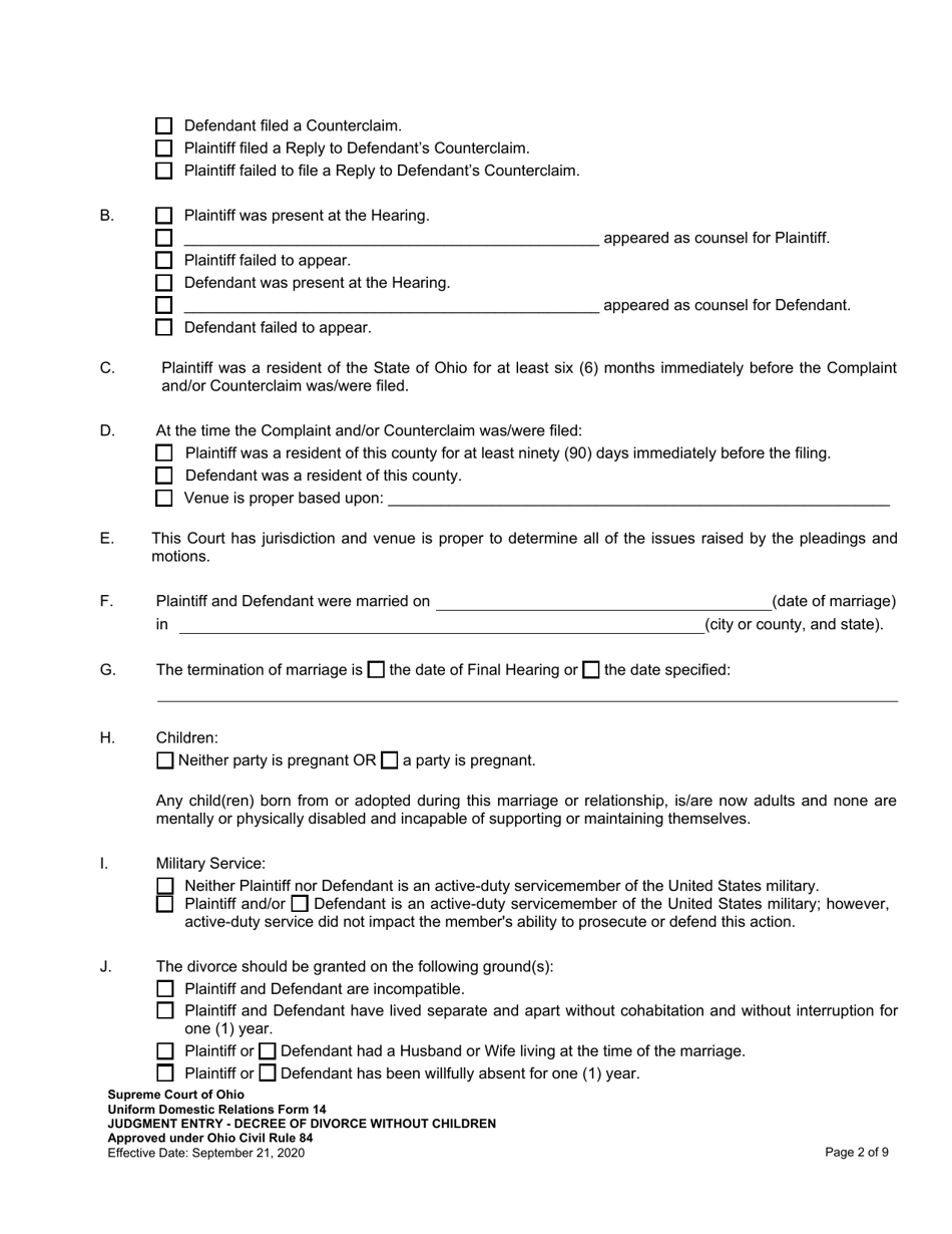 Uniform Domestic Relations Form 14 Judgment Entry - Decree of Divorce Without Children - Ohio, Page 2
