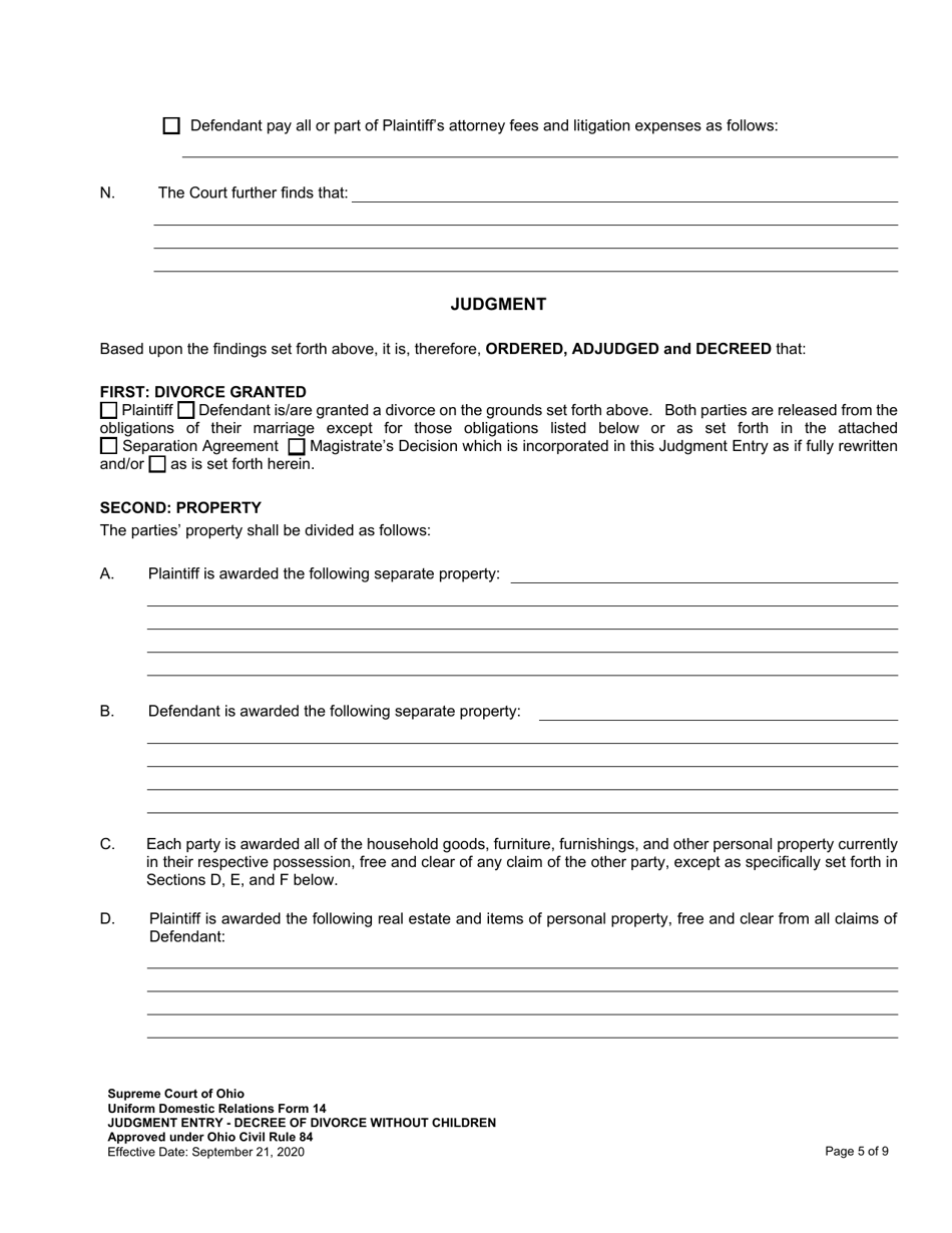 Uniform Domestic Relations Form 14 Judgment Entry - Decree of Divorce Without Children - Ohio, Page 5