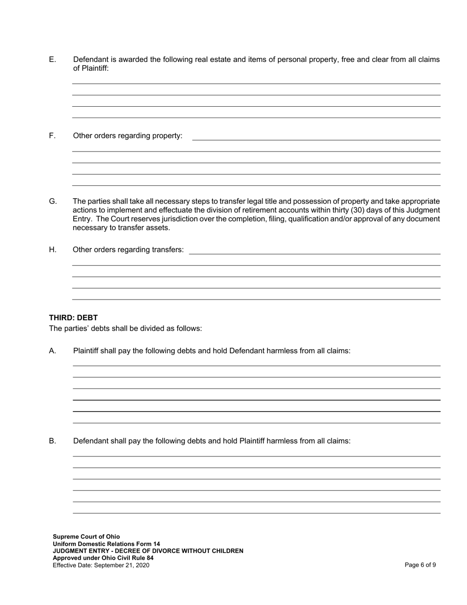 Uniform Domestic Relations Form 14 Judgment Entry - Decree of Divorce Without Children - Ohio, Page 6
