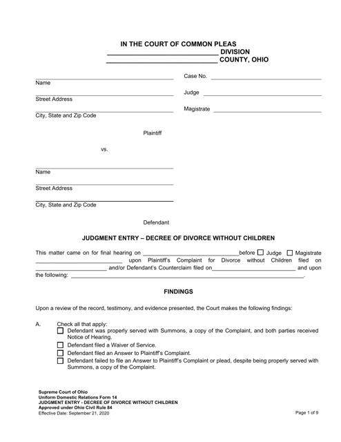 Uniform Domestic Relations Form 14  Printable Pdf