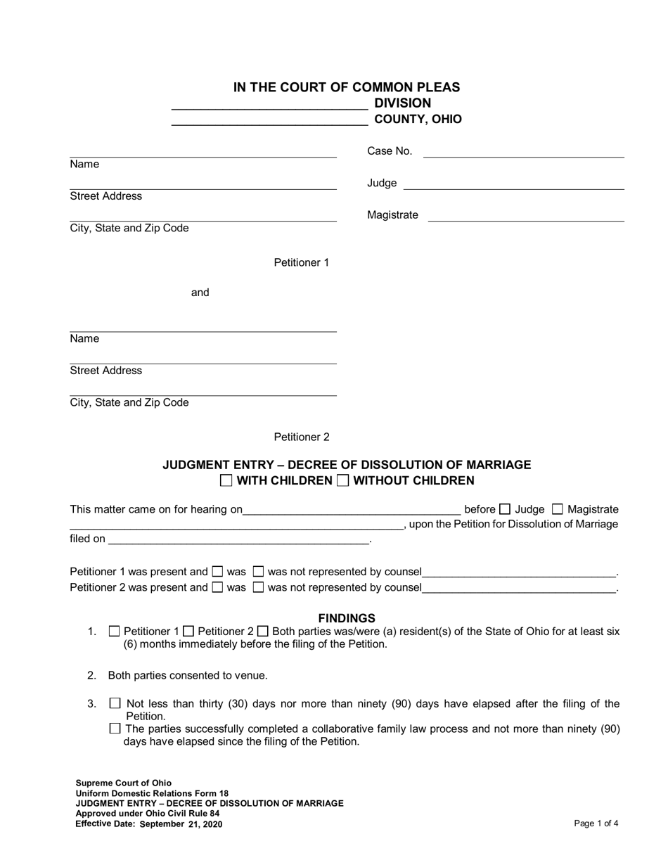 Uniform Domestic Relations Form 18 Judgment Entry - Decree of Dissolution of Marriage - Ohio, Page 1