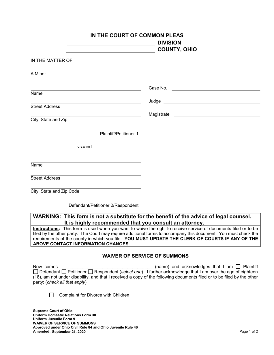 Uniform Domestic Relations Form 30 (Uniform Juvenile Form 9) Waiver of Service of Summons - Ohio, Page 1