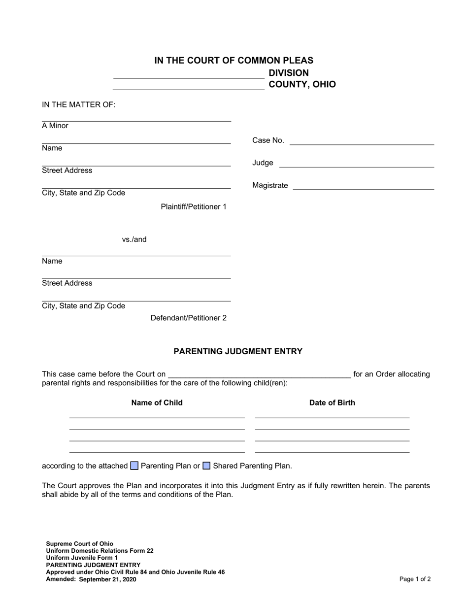 Uniform Domestic Relations Form 22 (Uniform Juvenile Form 1) Parenting Judgment Entry - Ohio, Page 1