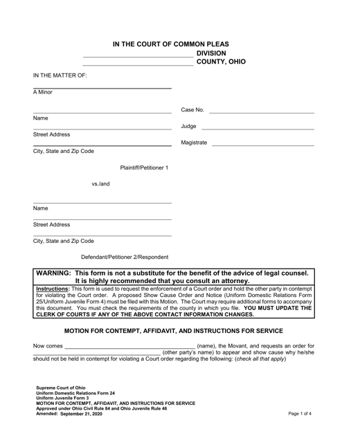 Uniform Domestic Relations Form 24 (Uniform Juvenile Form 3)  Printable Pdf