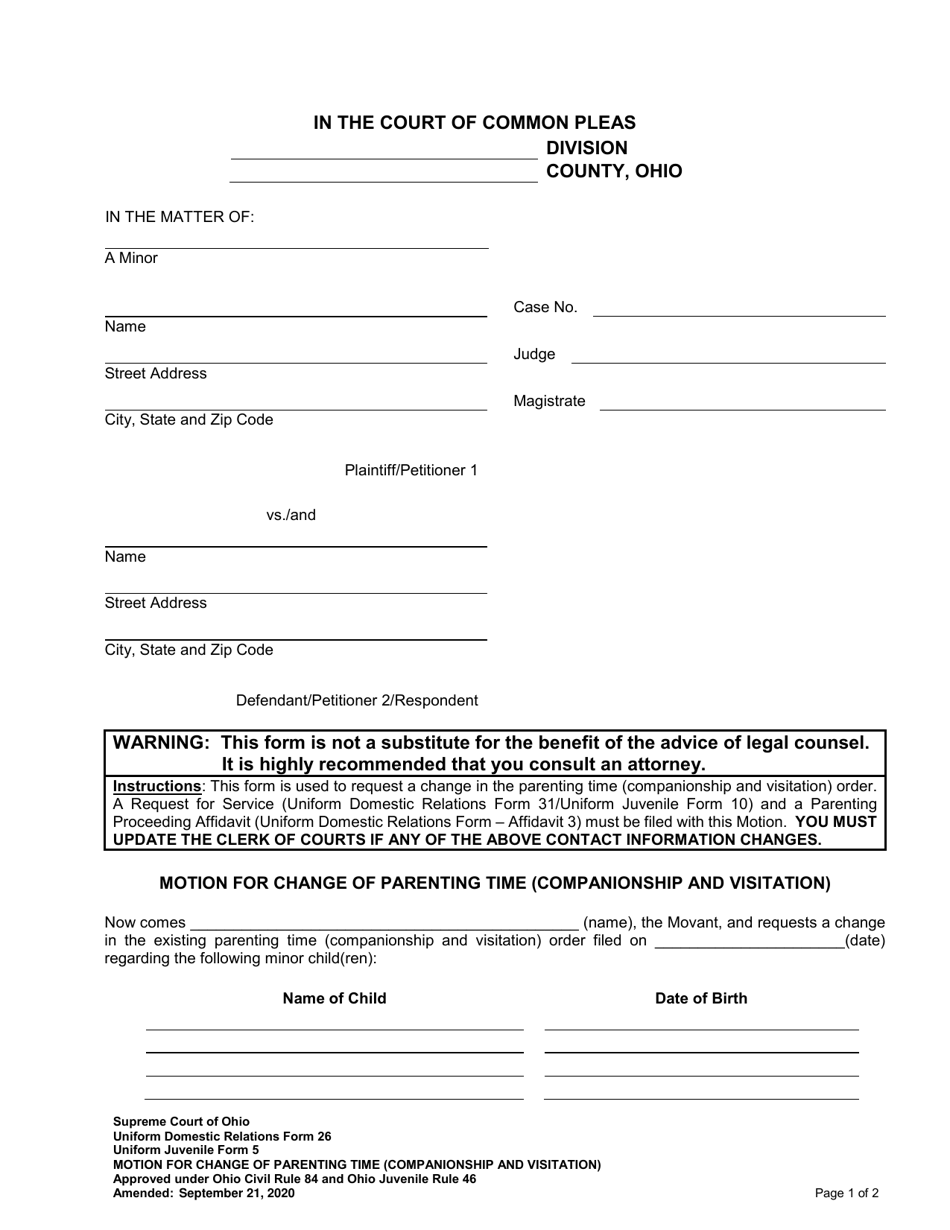 Uniform Domestic Relations Form 26 (Uniform Juvenile Form 5) Motion for Change of Parenting Time (Companionship and Visitation) - Ohio, Page 1