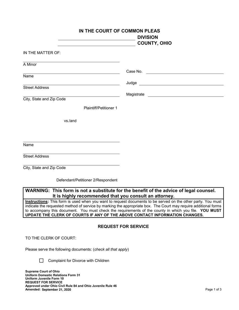 Uniform Domestic Relations Form 31 (Uniform Juvenile Form 10) Request for Service - Ohio, Page 1