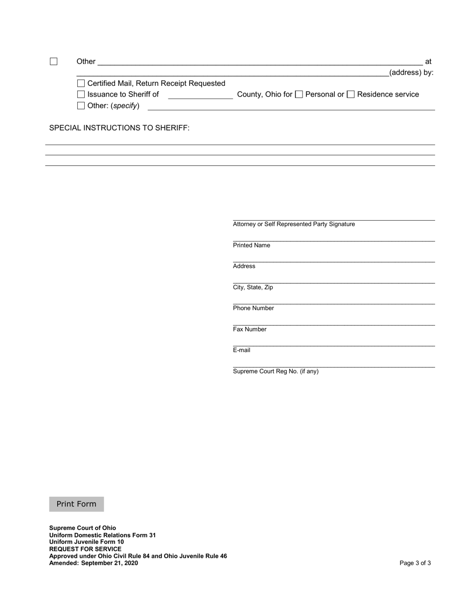 Uniform Domestic Relations Form 31 (Uniform Juvenile Form 10) Request for Service - Ohio, Page 3