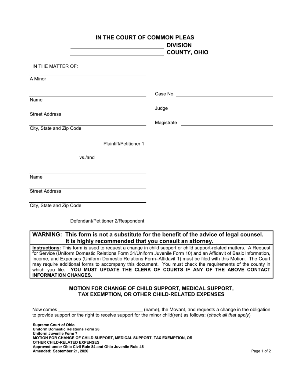 Uniform Domestic Relations Form 28 (Uniform Juvenile Form 7) Motion for Change of Child Support, Medical Support, Tax Exemption, or Other Child-Related Expenses - Ohio, Page 1