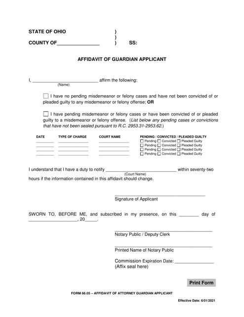 Form 66.05 Affidavit of Guardian Applicant - Ohio