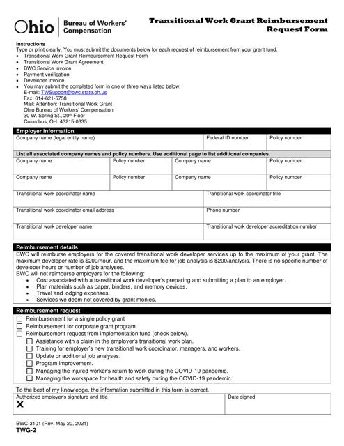 Form TWG-2 (BWC-3101) Transitional Work Grant Reimbursement Request Form - Ohio