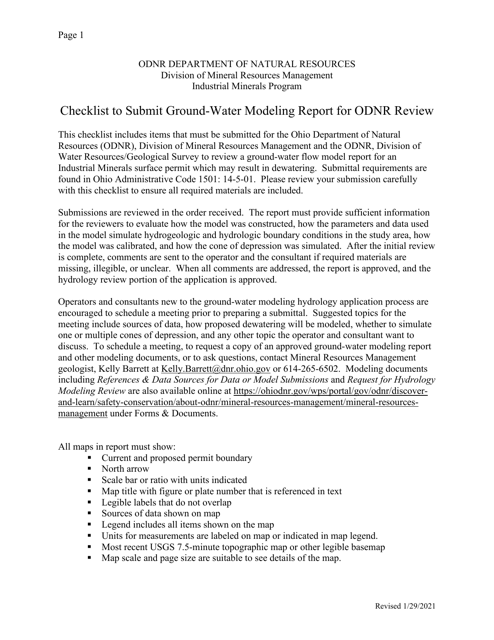Checklist to Submit Ground-Water Modeling Report for Odnr Review - Ohio
