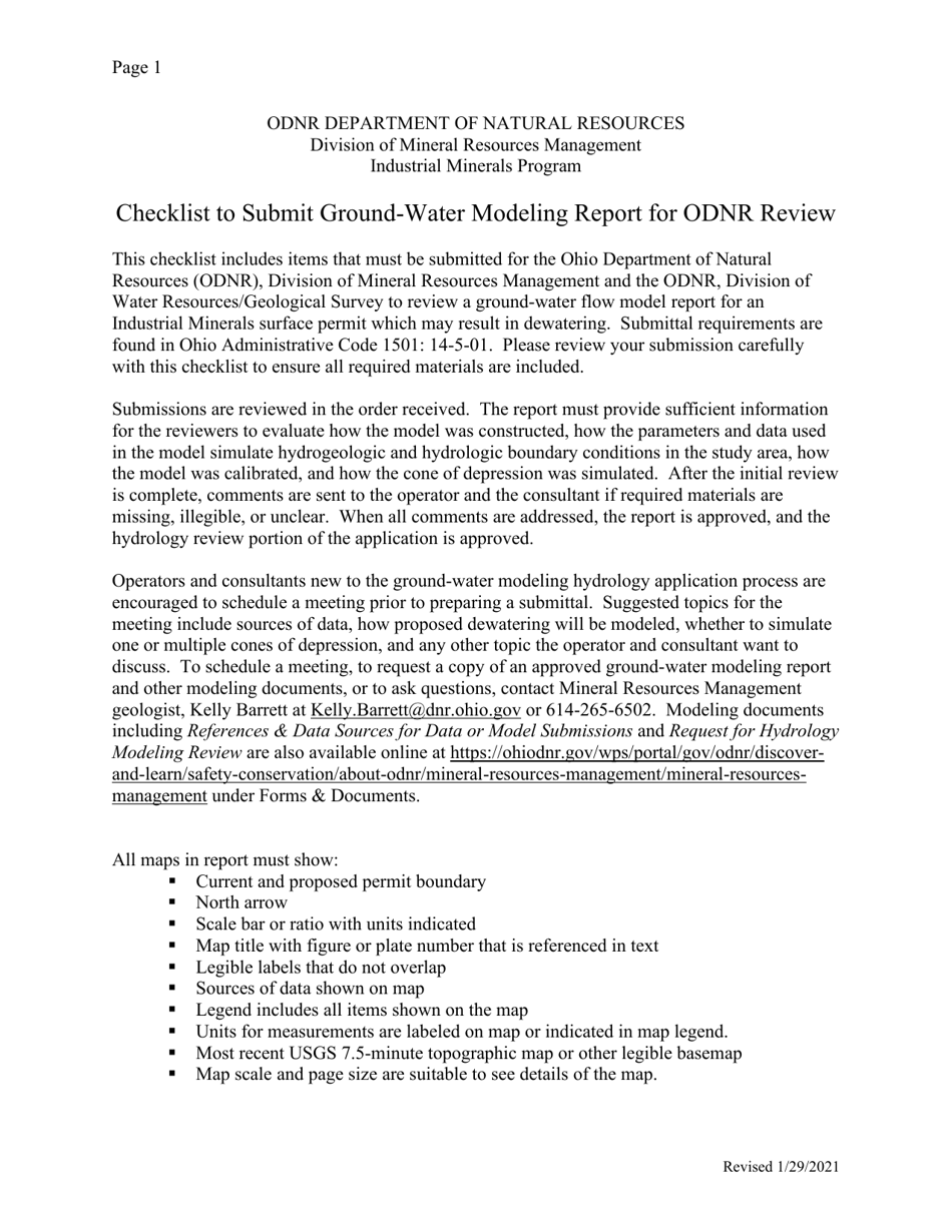 Checklist to Submit Ground-Water Modeling Report for Odnr Review - Ohio, Page 1