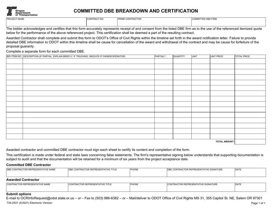 Form 734-2531 Committed Dbe Breakdown and Certification - Oregon, Page 1