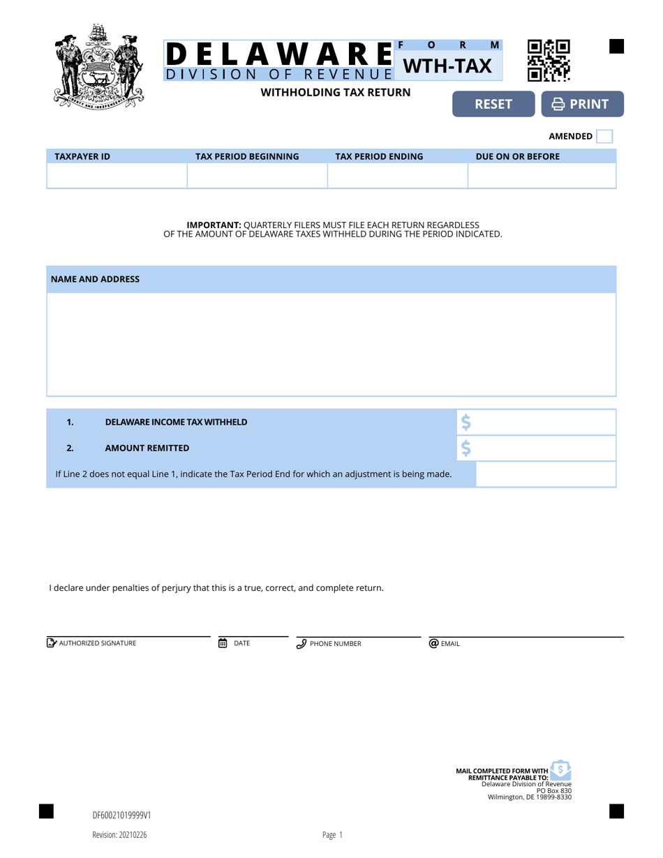 Form WTH-TAX Withholding Tax Return - Delaware, Page 1
