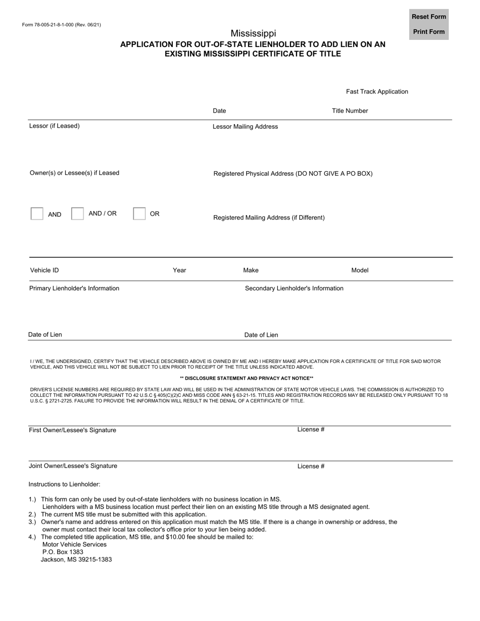 Form 78-005 Application for Out-of-State Lienholder to Add Lien on an Existing Mississippi Certificate of Title - Mississippi, Page 1