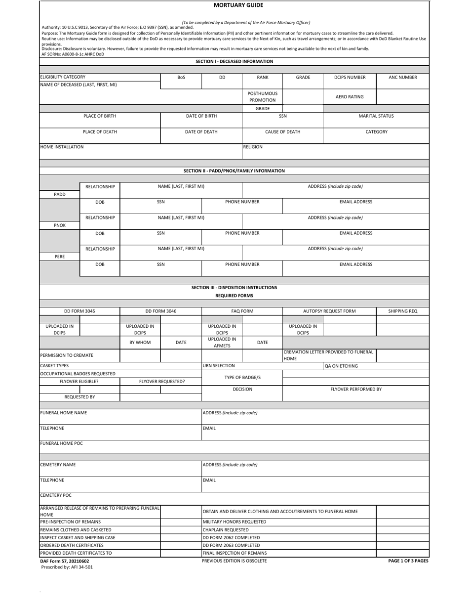 DAF Form 57 Mortuary Guide, Page 1