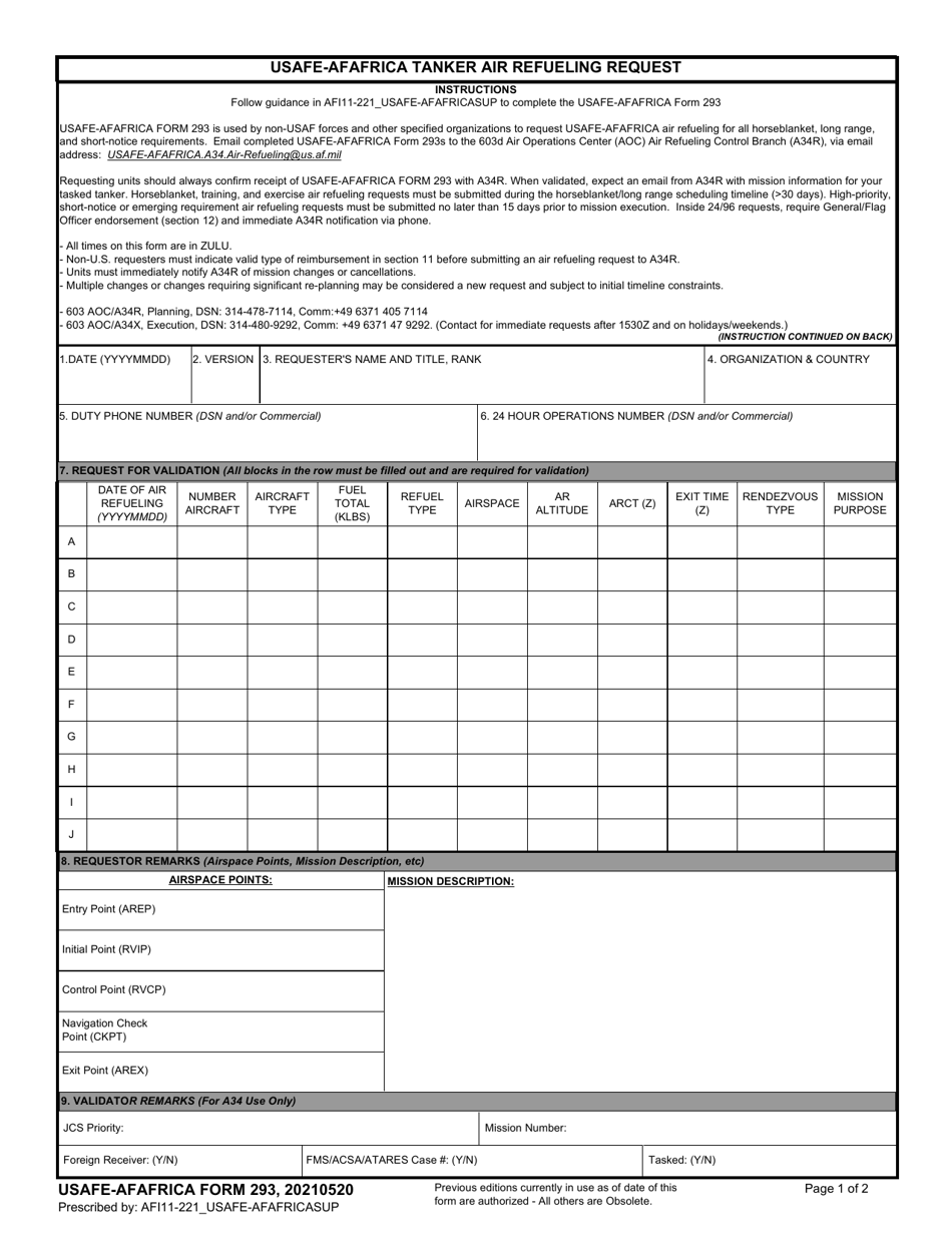 USAFE-AFAFRICA Form 293 Usafe-Afafrica Tanker Air Refueling Request, Page 1