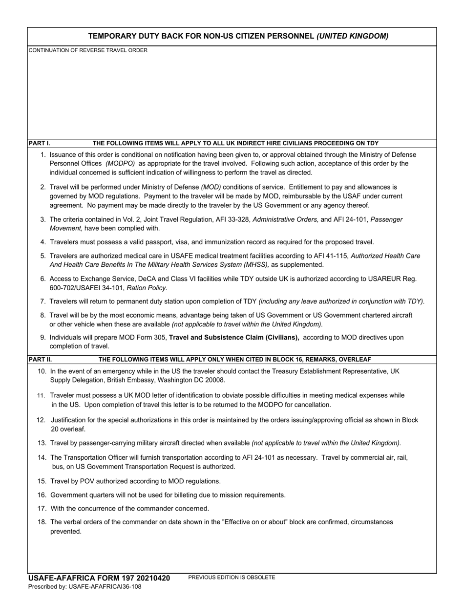 USAFE-AFAFRICA Form 197 Temporary Duty Back for Non-US Citizen Personnel (United Kingdom), Page 1