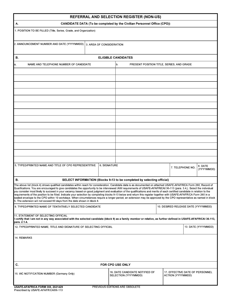 USAFE-AFAFRICA Form 355 Referral and Selection Register (Non-US), Page 1