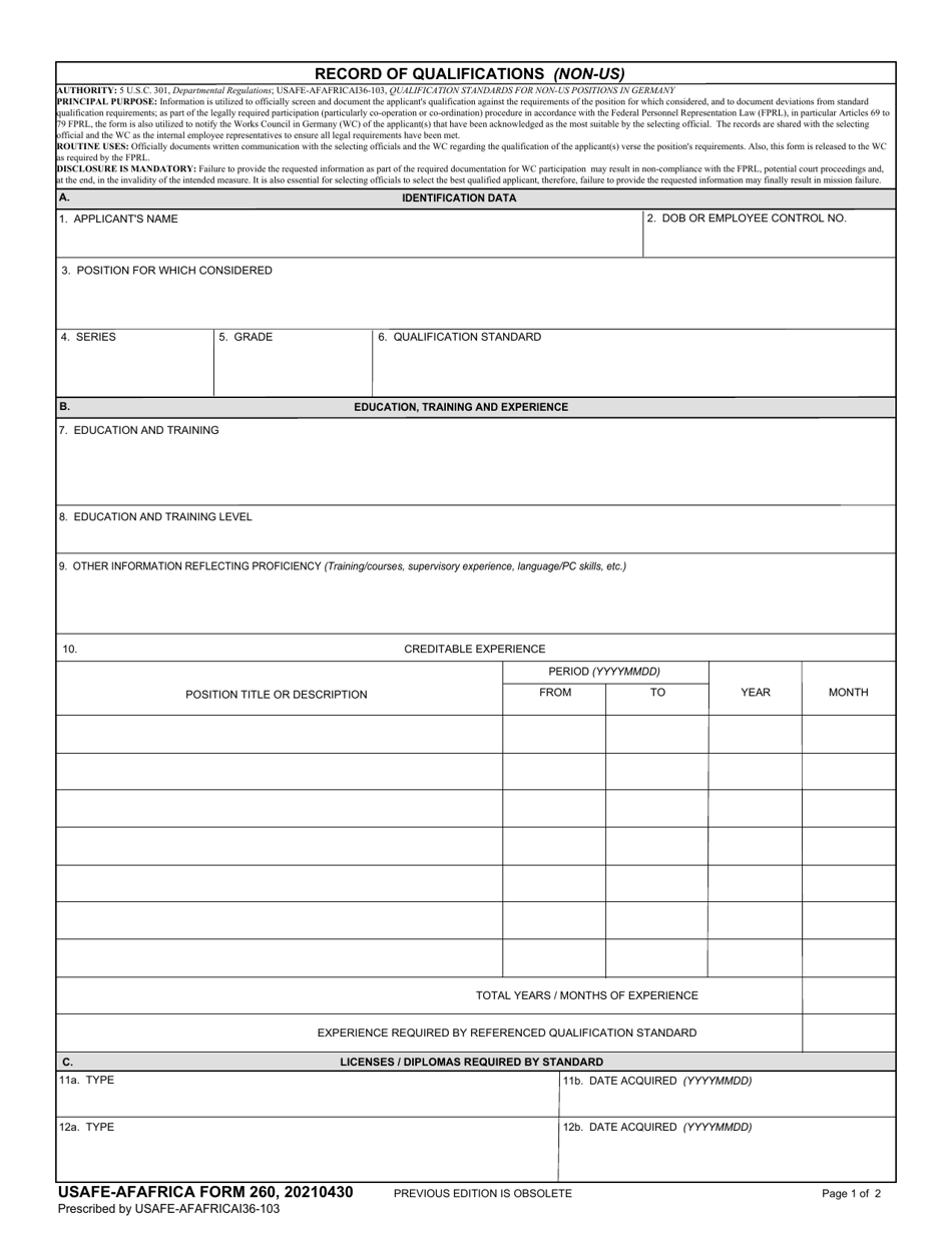 USAFE-AFAFRICA Form 260 Record of Qualifications (Non-US), Page 1