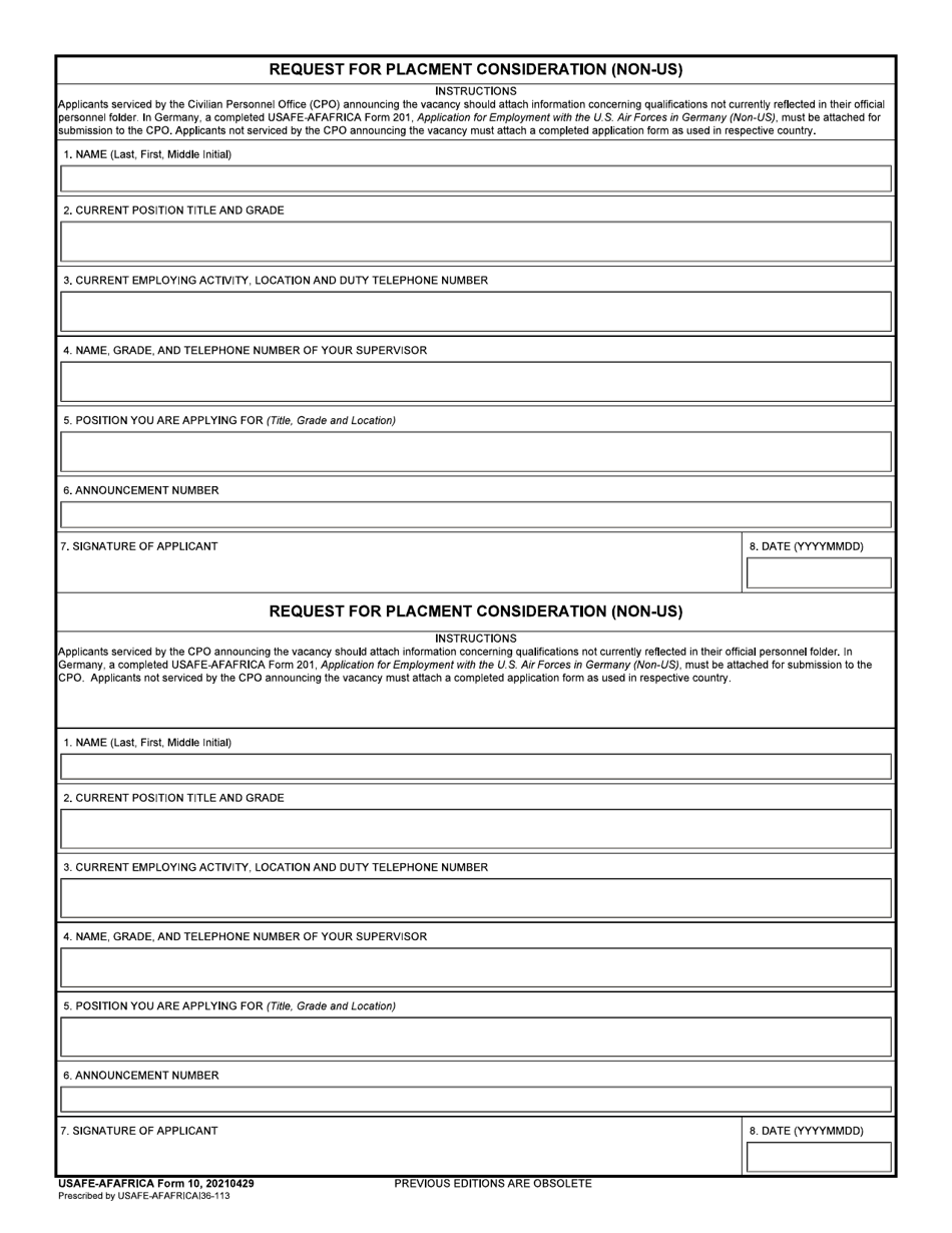 USAFE-AFAFRICA Form 10 Request for Placment Consideration (Non-US), Page 1