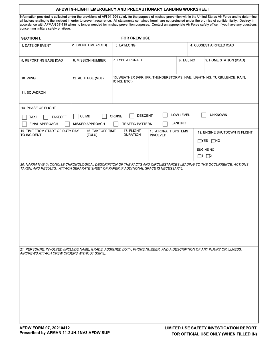 AFDW Form 97 Afdw In-Flight Emergency and Precautionary Landing Worksheet, Page 1