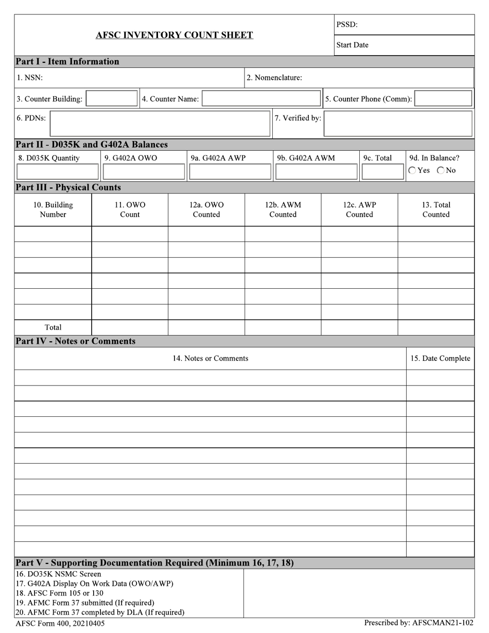 AFSC Form 400 AFSC Inventory Count Sheet, Page 1