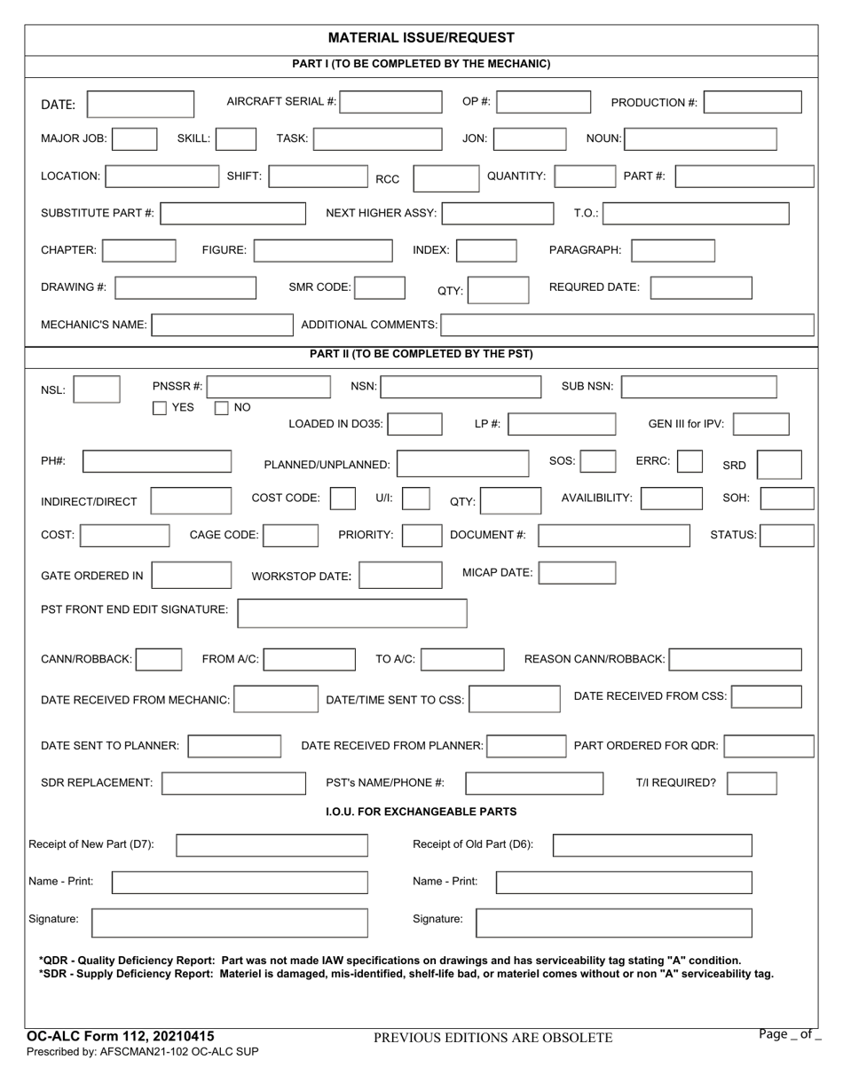 OC-ALC Form 112 Material Issue / Request, Page 1