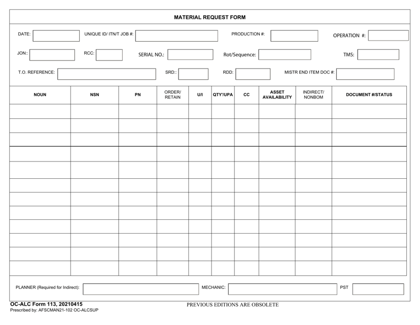 OC-ALC Form 113 Material Request Form