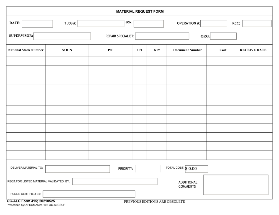 OC-ALC Form 415 Material Request Form, Page 1