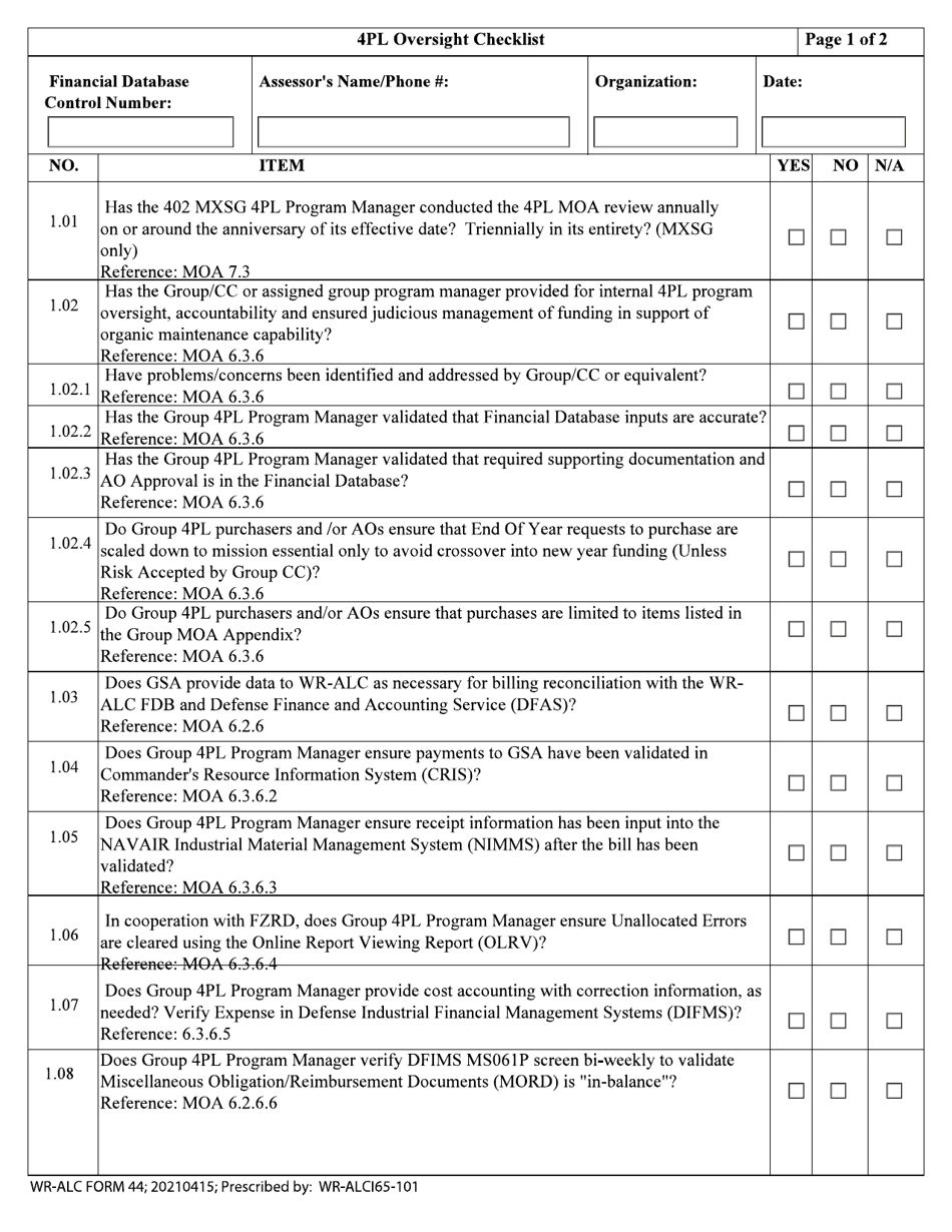 WR-ALC Form 44 4pl Oversight Checklist, Page 1