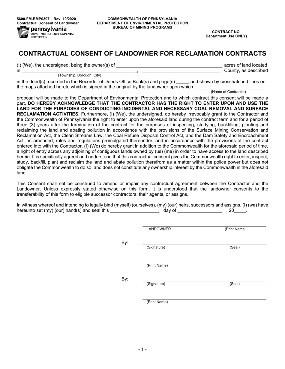 Form 5600-FM-BMP0307 Contractual Consent of Landowner for Reclamation Contracts - Pennsylvania, Page 1