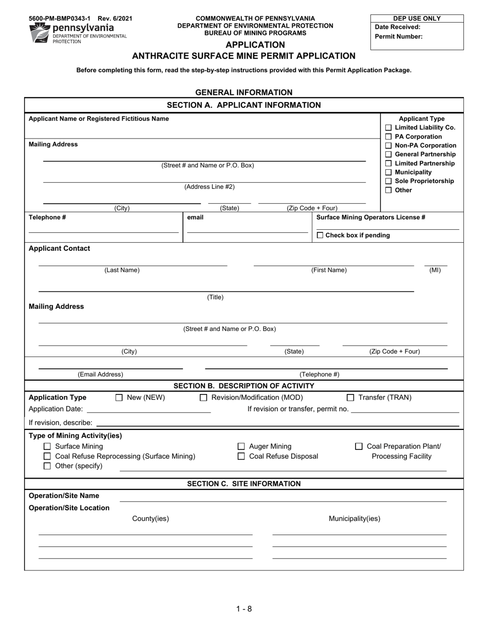 Form 5600-PM-BMP0343-1 Anthracite Surface Mine Permit Application - Pennsylvania, Page 1