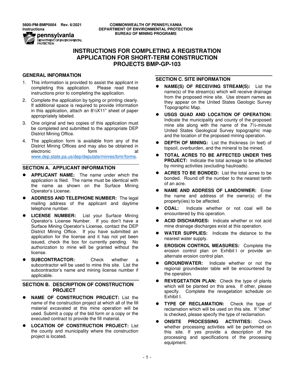 Instructions for Form 5600-PM-BMP0004 General Permit for Short-Term Construction Projects Bmp-Gp-103 Registration / Application - Pennsylvania, Page 1