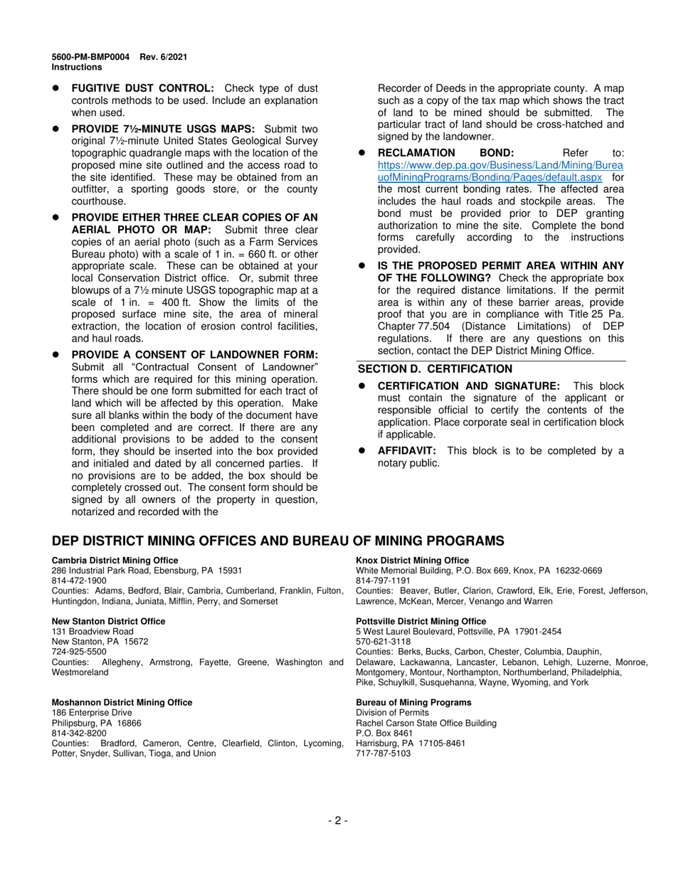 Instructions for Form 5600-PM-BMP0004 General Permit for Short-Term Construction Projects Bmp-Gp-103 Registration / Application - Pennsylvania, Page 2