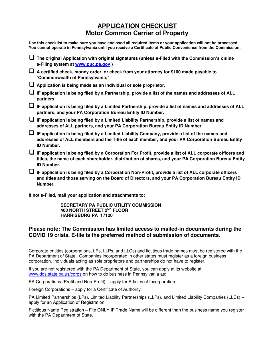 Application for Motor Common Carrier of Property - Pennsylvania, Page 1