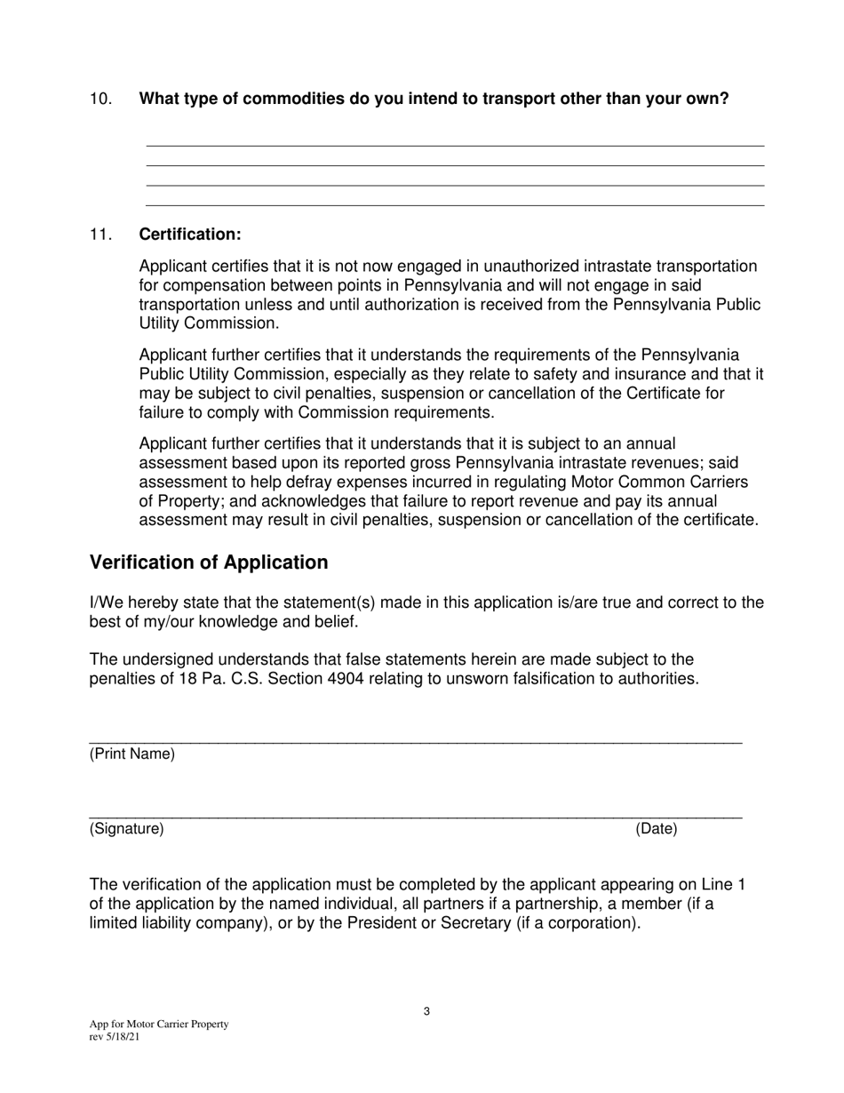 Application for Motor Common Carrier of Property - Pennsylvania, Page 5