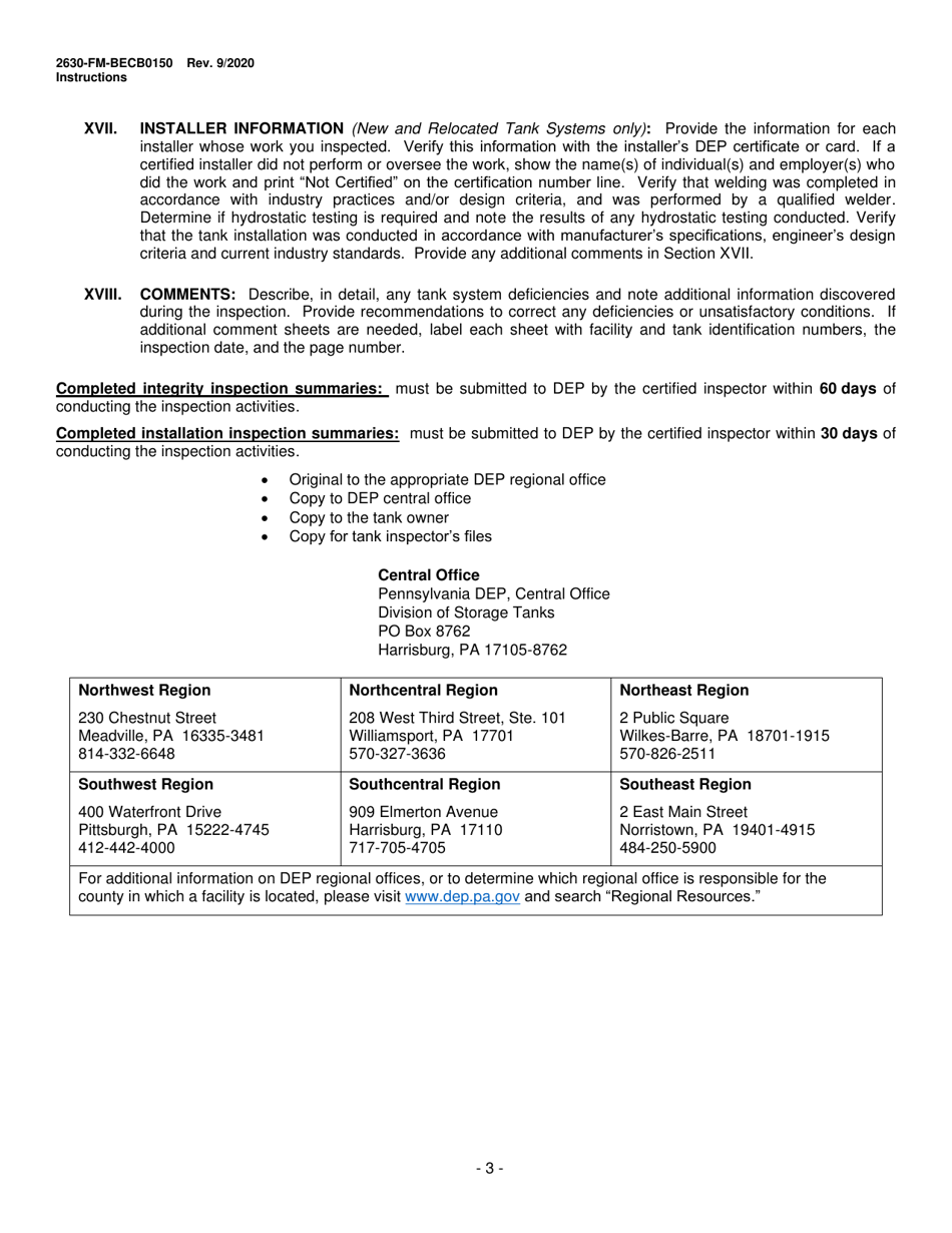 Instructions for Form 2630-FM-BECB0150 Aboveground Storage Tank Inspection Summary - Pennsylvania, Page 3