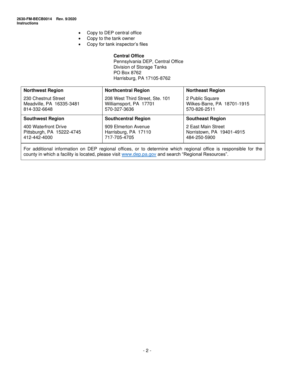 Instructions for Form 2630-FM-BECB0014 Aboveground Storage Tank Lining Inspection Summary - Pennsylvania, Page 2