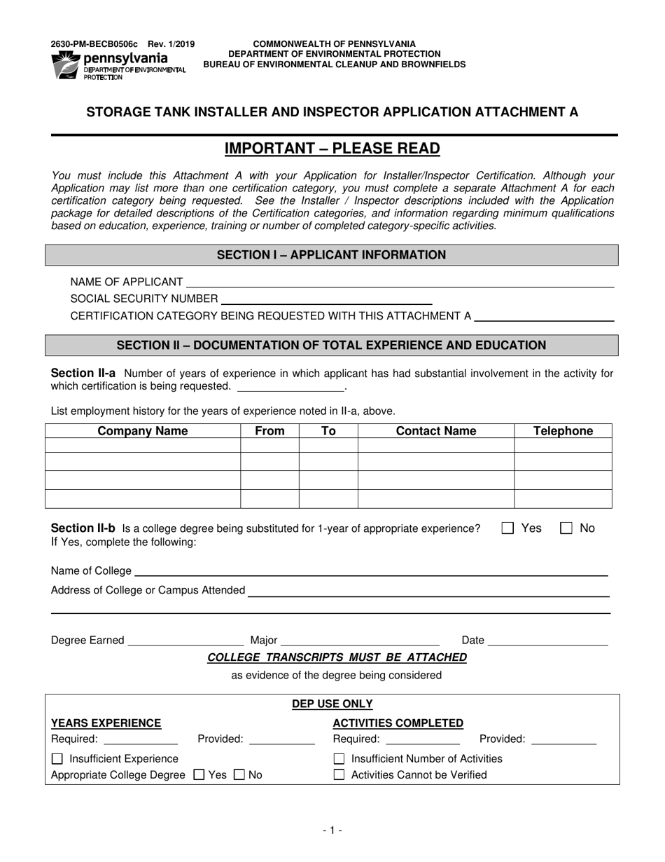 Form 2630-PM-BECB0506C Attachment A Storage Tank Installer and Inspector Application - Pennsylvania, Page 1