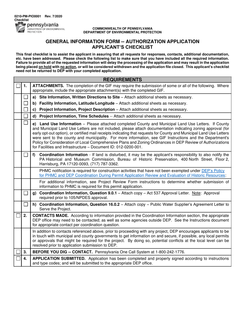 Form 0210-PM-PIO0001 General Information Form - Authorization Application Applicants Checklist - Pennsylvania, Page 1