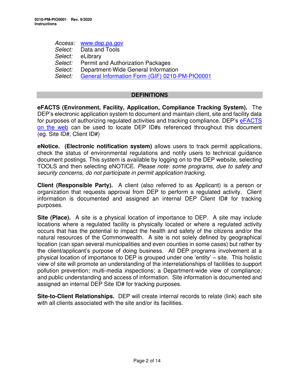 Instructions for Form 0210-PM-PIO0001 General Information Form - Authorization Application - Pennsylvania, Page 2