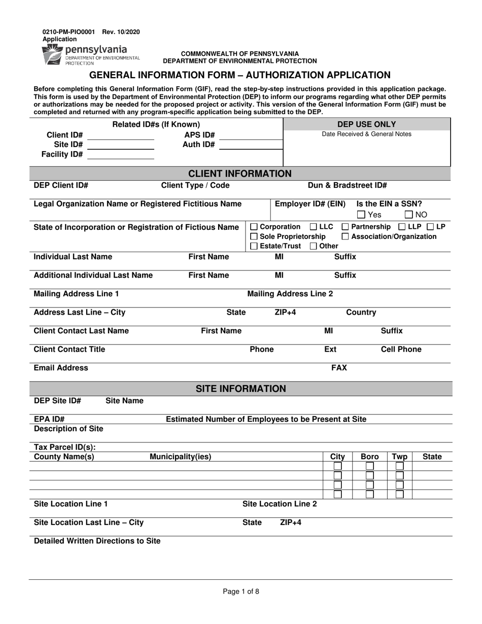 Form 0210-PM-PIO0001 General Information Form - Authorization Application - Pennsylvania, Page 1