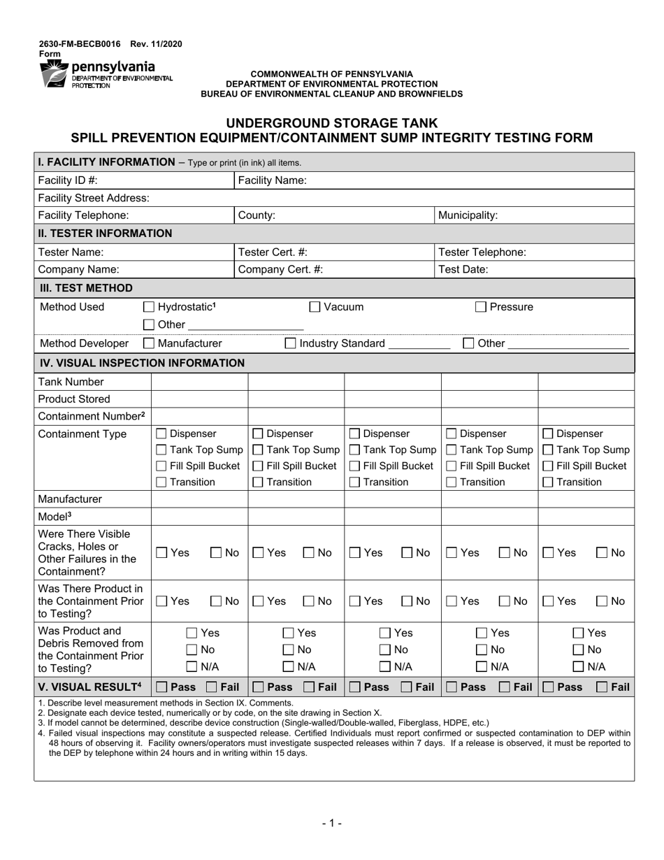 Form 2630-FM-BECB0016 Underground Storage Tank Spill Prevention Equipment / Containment Sump Integrity Testing Form - Pennsylvania, Page 1