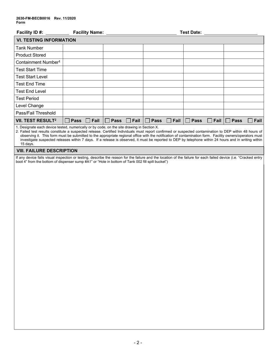 Form 2630-FM-BECB0016 Underground Storage Tank Spill Prevention Equipment / Containment Sump Integrity Testing Form - Pennsylvania, Page 2