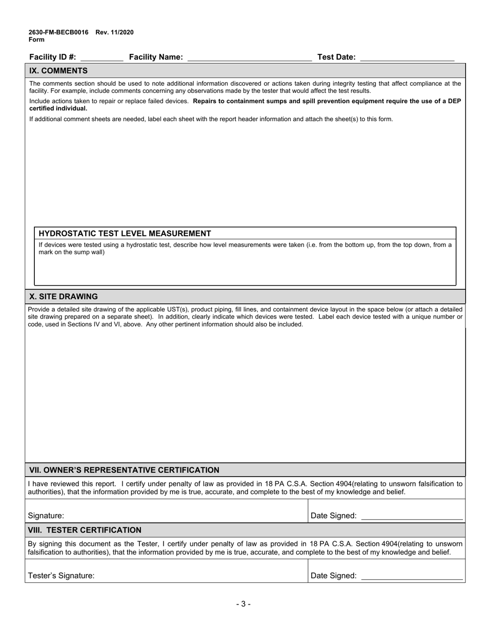 Form 2630-FM-BECB0016 Underground Storage Tank Spill Prevention Equipment / Containment Sump Integrity Testing Form - Pennsylvania, Page 3